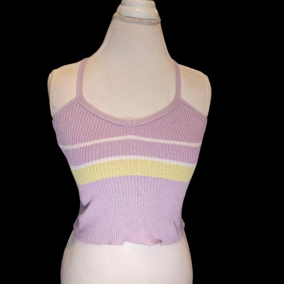 Y2K Pastel Cropped Halter Top Purple Ribbed Knit Cotton Criss Cross Straps Sz M - Picture 2 of 11